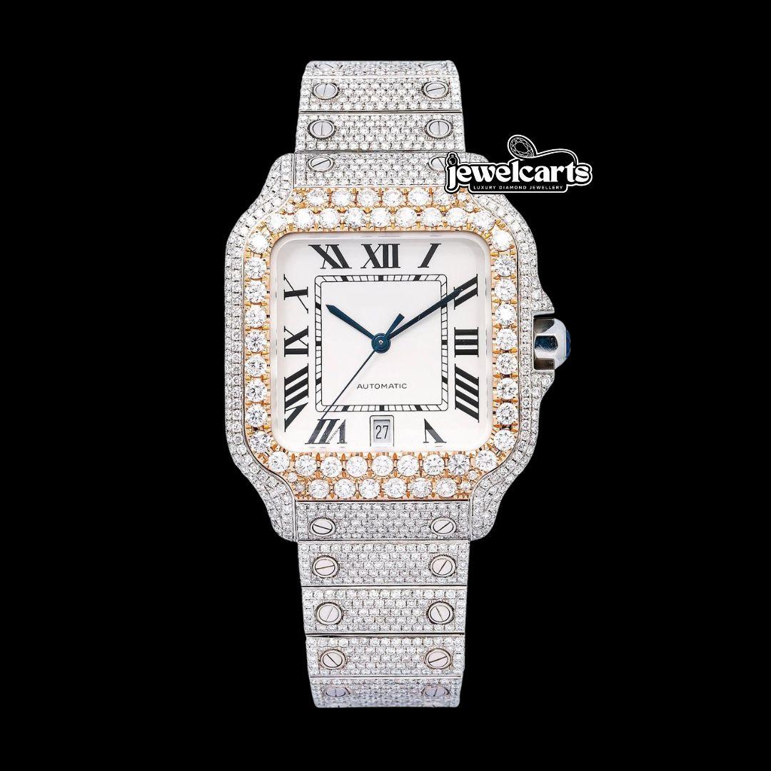 Cartier Santos White Dial Black Roman Numerals Two Tone Rose Gold Moissanite Watch Front View