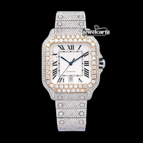 Cartier Santos White Dial Black Roman Numerals Two Tone Rose Gold Moissanite Watch Front View