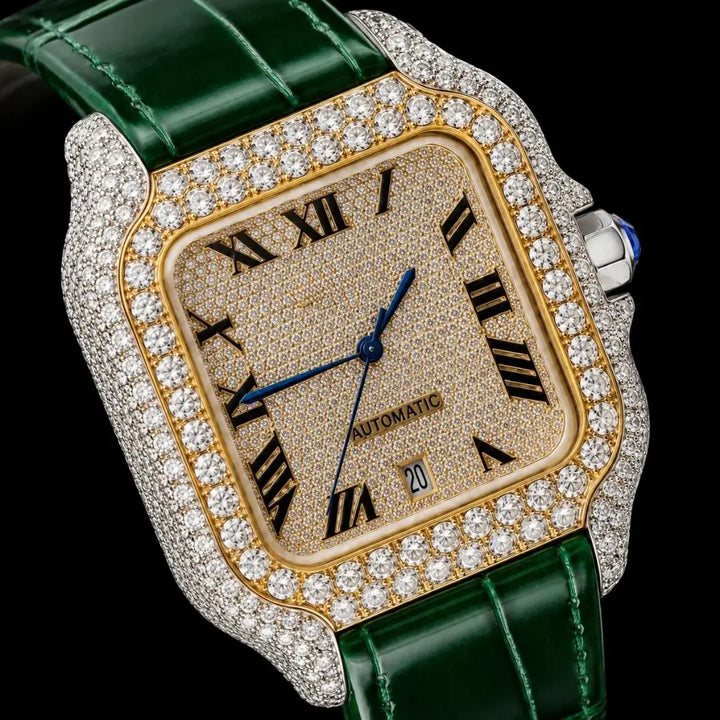 Cartier Santos Yellow Gold Roman Dial Green Leather Strap Semi Iced Out Moissanite Watch Cartier