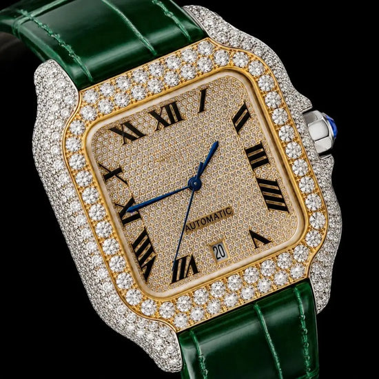 Cartier Santos Yellow Gold Roman Dial Green Leather Strap Semi Iced Out Moissanite Watch Cartier