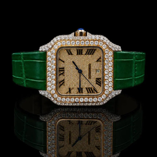 Cartier Santos Yellow Gold Roman Dial Green Leather Strap Semi Iced Out Moissanite Watch Cartier
