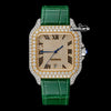 Cartier Santos Yellow Gold Roman Dial Green Leather Strap Semi Iced Out Moissanite Watch