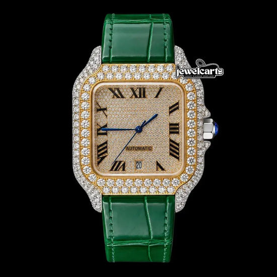 Cartier Santos Yellow Gold Roman Dial Green Leather Strap Semi Iced Out Moissanite Watch Cartier