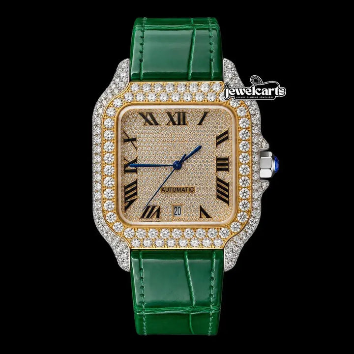 Cartier Santos Yellow Gold Roman Dial Green Leather Strap Semi Iced Out Moissanite Watch Cartier
