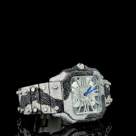 Cartier Skeleton Dial Black Camouflage Two Tone Iced Out Moissanite Watch Right Profile View