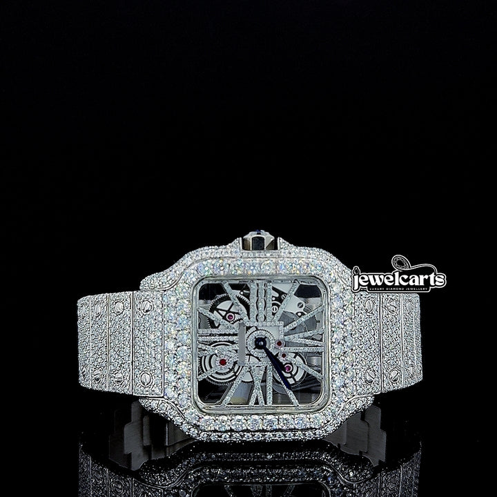Cartier Skeleton Dial Fully Iced Out Moissanite Diamond Watch Front View