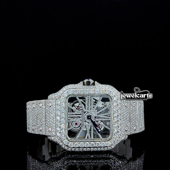 Cartier Skeleton Dial Fully Iced Out Moissanite Diamond Watch Front View