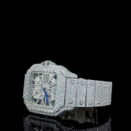 Cartier Skeleton Dial Fully Iced Out Moissanite Diamond Watch Left Profile View