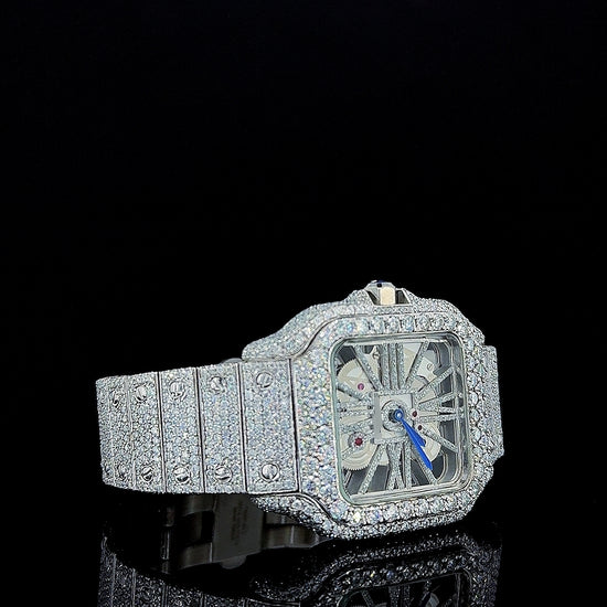 Cartier Skeleton Dial Fully Iced Out Moissanite Diamond Watch Right Profile View