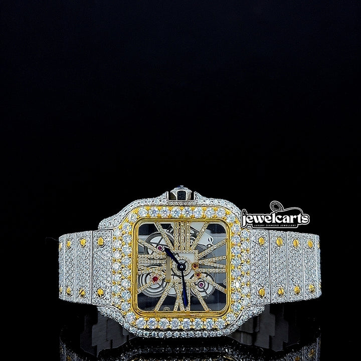Cartier Skeleton Dial Two Tone Yellow Gold Fully Iced Out Moissanite Watch Front View