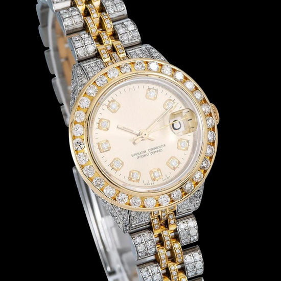 Champagne Diamond Dial Rolex Datejust Two Tone Yellow Gold Iced Out Jubilee Bracelet Moissanite Watch Close Up Dial View