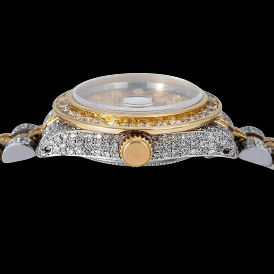 Champagne Diamond Dial Rolex Datejust Two Tone Yellow Gold Iced Out Jubilee Bracelet Moissanite Watch Crown View