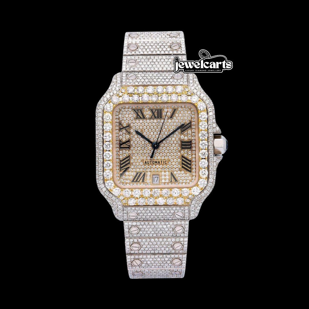 Champagne Roman Dial Cartier Santos Two Tone Yellow Gold Iced Out Moissanite Watch Front View