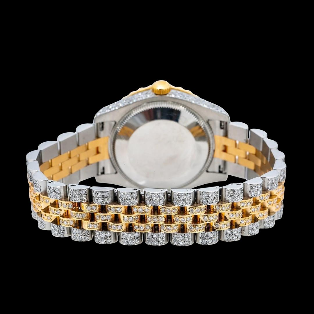 Datejust Rolex Black Dial Diamond Roman Numerals Two Tone Yellow Gold Jubilee Bracelet Iced Out Moissanite Watch Caseback View