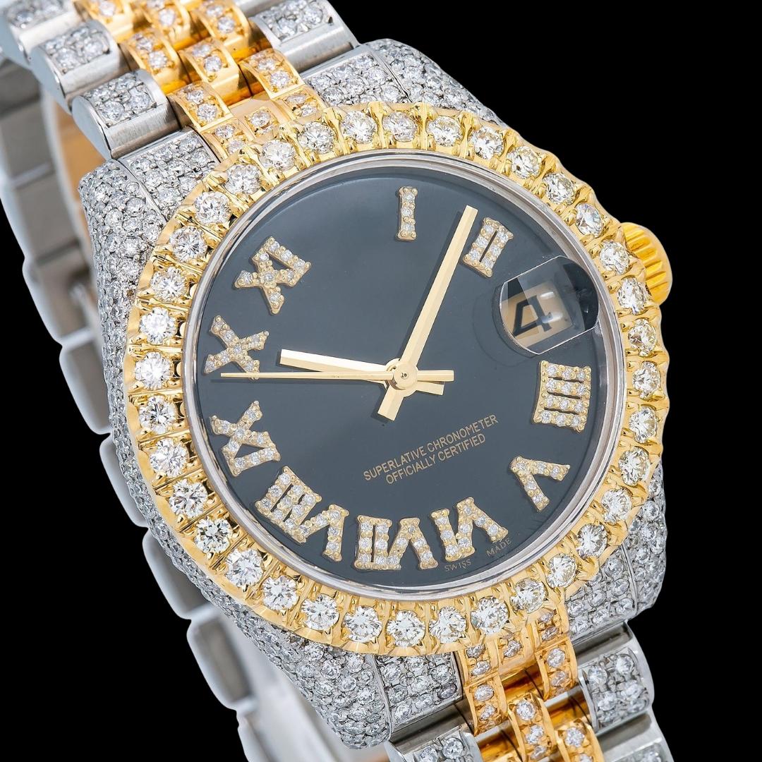 Datejust Rolex Black Dial Diamond Roman Numerals Two Tone Yellow Gold Jubilee Bracelet Iced Out Moissanite Watch Close Up Dial View
