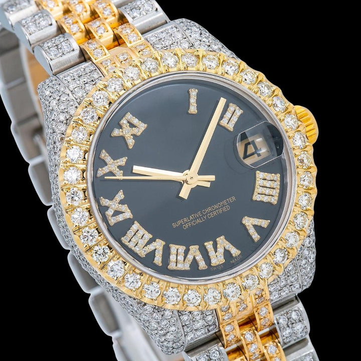 Datejust Rolex Black Dial Diamond Roman Numerals Two Tone Yellow Gold Jubilee Bracelet Iced Out Moissanite Watch Close Up Dial View