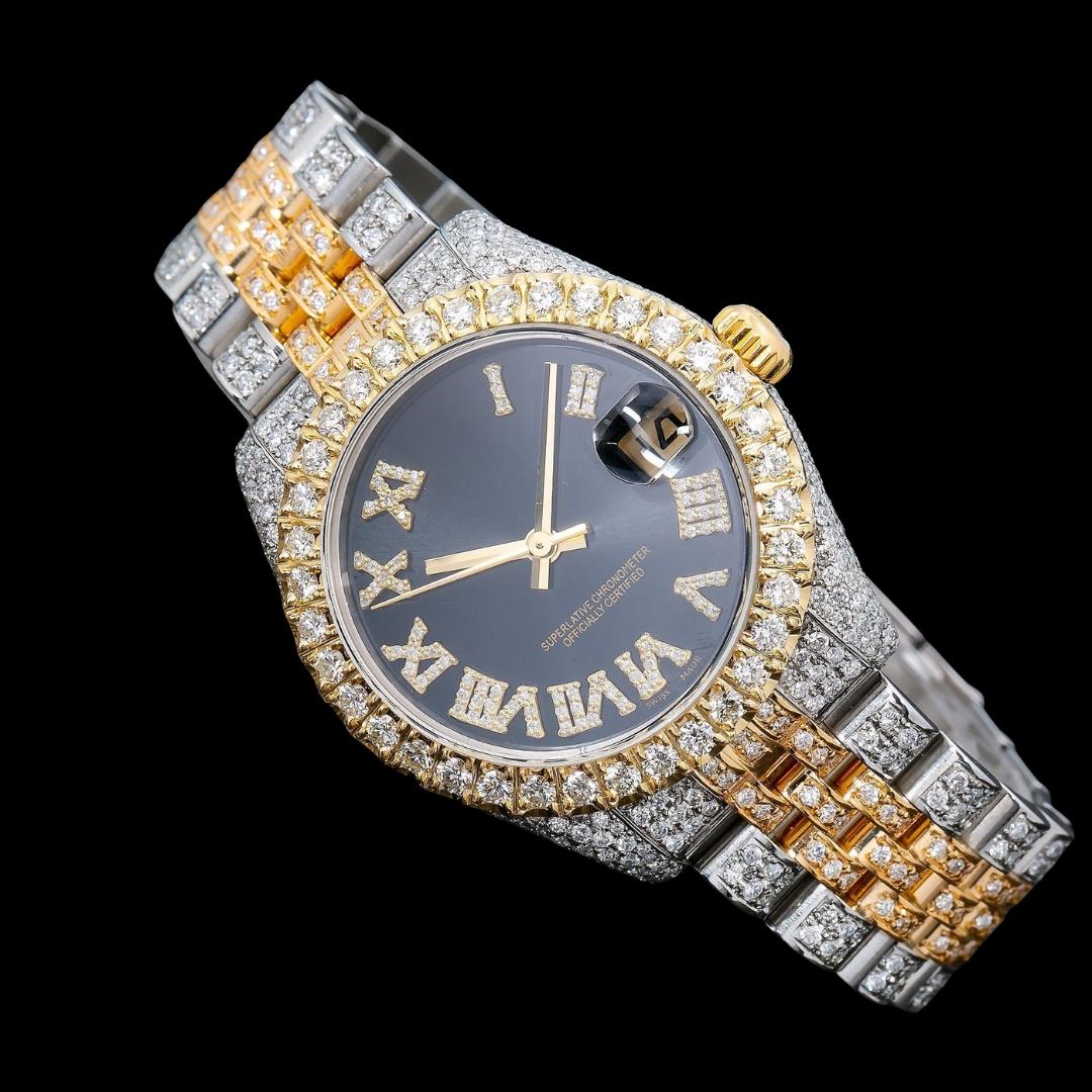 Datejust Rolex Black Dial Diamond Roman Numerals Two Tone Yellow Gold Jubilee Bracelet Iced Out Moissanite Watch Close Up Front View