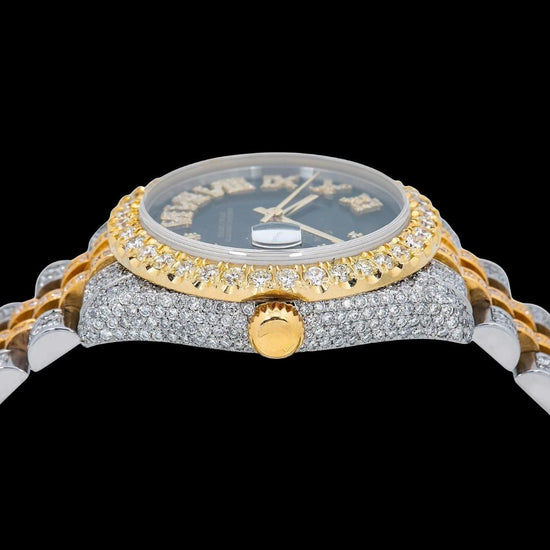Datejust Rolex Black Dial Diamond Roman Numerals Two Tone Yellow Gold Jubilee Bracelet Iced Out Moissanite Watch Crown View