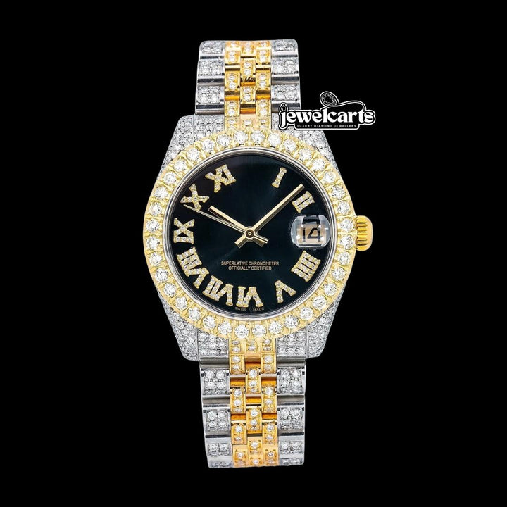 Datejust Rolex Black Dial Diamond Roman Numerals Two Tone Yellow Gold Jubilee Bracelet Iced Out Moissanite Watch Front View