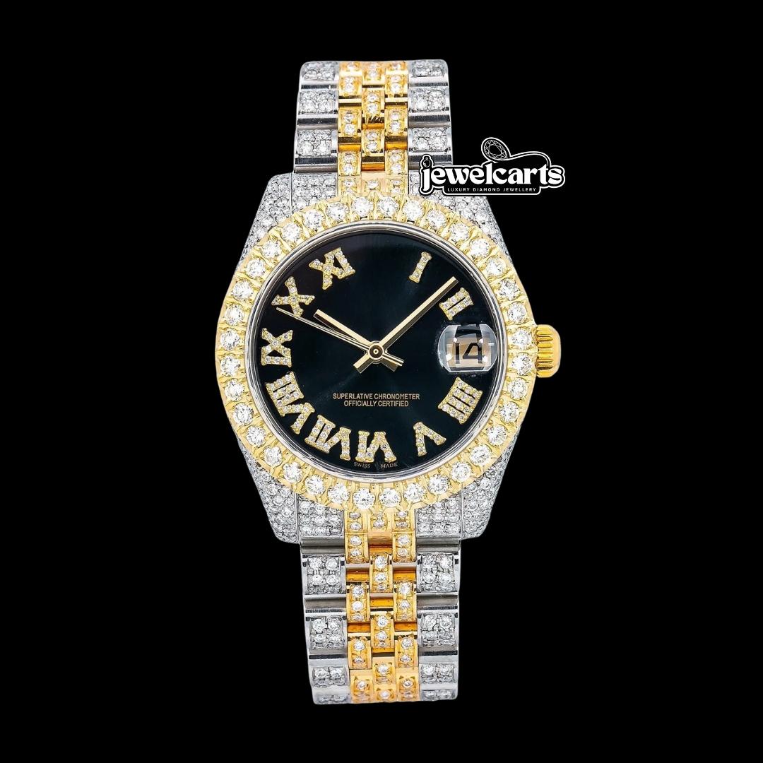 Datejust Rolex Black Dial Diamond Roman Numerals Two Tone Yellow Gold Jubilee Bracelet Iced Out Moissanite Watch Front View