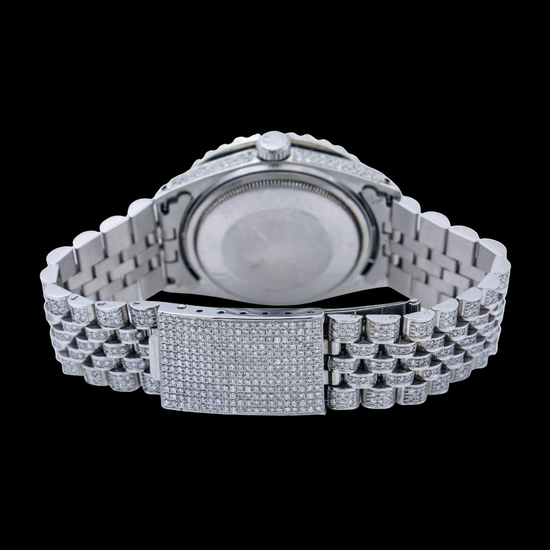 Datejust Rolex Black Pearl Roman Diamond Dial Jubilee Bracelet Fully Iced Out Moissanite Watch Caseback View