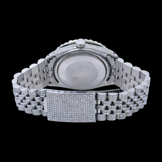Datejust Rolex Black Pearl Roman Diamond Dial Jubilee Bracelet Fully Iced Out Moissanite Watch Caseback View