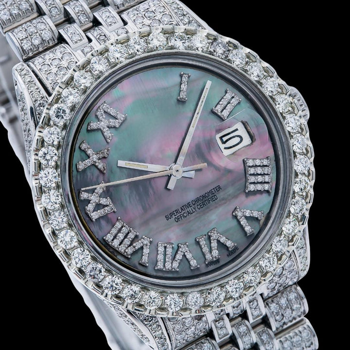 Datejust Rolex Black Pearl Roman Diamond Dial Jubilee Bracelet Fully Iced Out Moissanite Watch Close Up Dial View