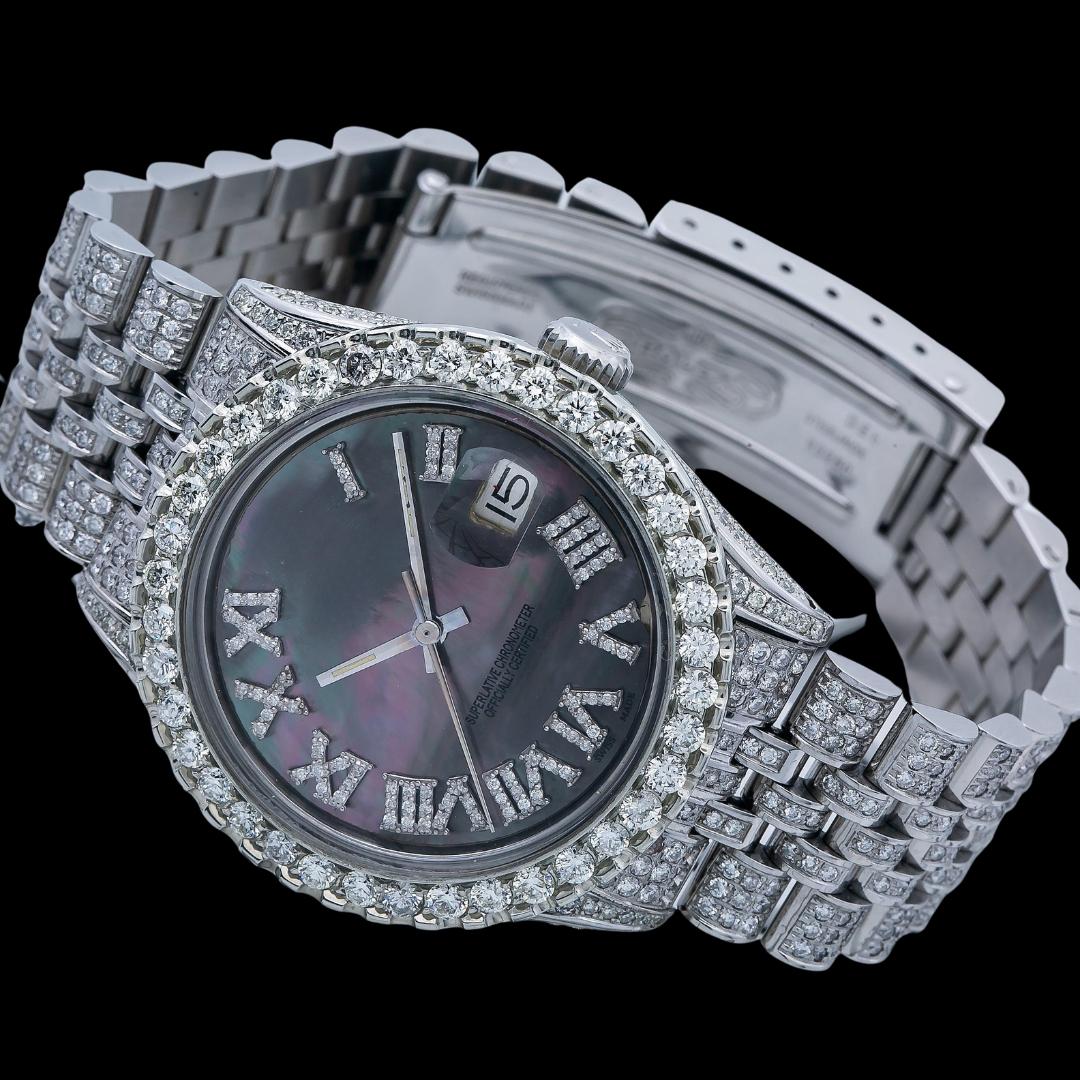 Datejust Rolex Black Pearl Roman Diamond Dial Jubilee Bracelet Fully Iced Out Moissanite Watch Close Up Front View