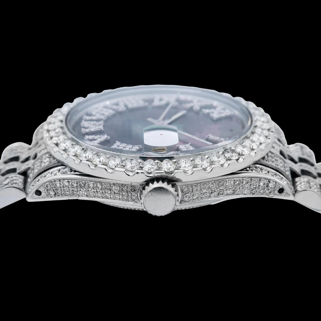 Datejust Rolex Black Pearl Roman Diamond Dial Jubilee Bracelet Fully Iced Out Moissanite Watch Crown View