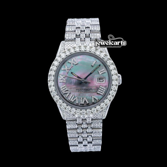 Datejust Rolex Black Pearl Roman Diamond Dial Jubilee Bracelet Fully Iced Out Moissanite Watch Front View
