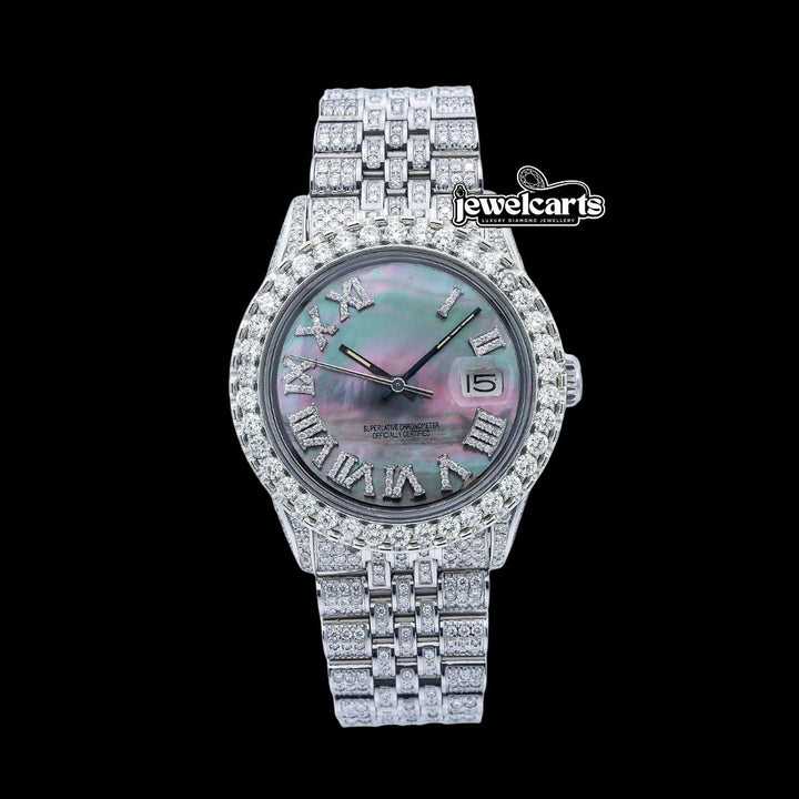 Datejust Rolex Black Pearl Roman Diamond Dial Jubilee Bracelet Fully Iced Out Moissanite Watch Front View