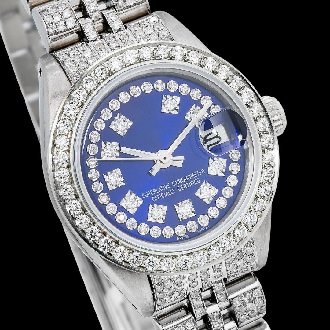 Datejust Rolex Blue Diamond Dial Fully Iced Out Jubilee Bracelet Moissanite Watch Close Up Dial View
