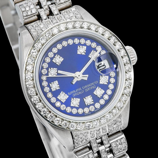 Datejust Rolex Blue Diamond Dial Fully Iced Out Jubilee Bracelet Moissanite Watch Close Up Dial View