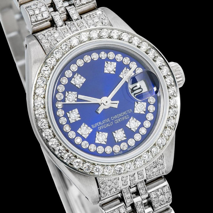 Datejust Rolex Blue Diamond Dial Fully Iced Out Jubilee Bracelet Moissanite Watch Close Up Dial View