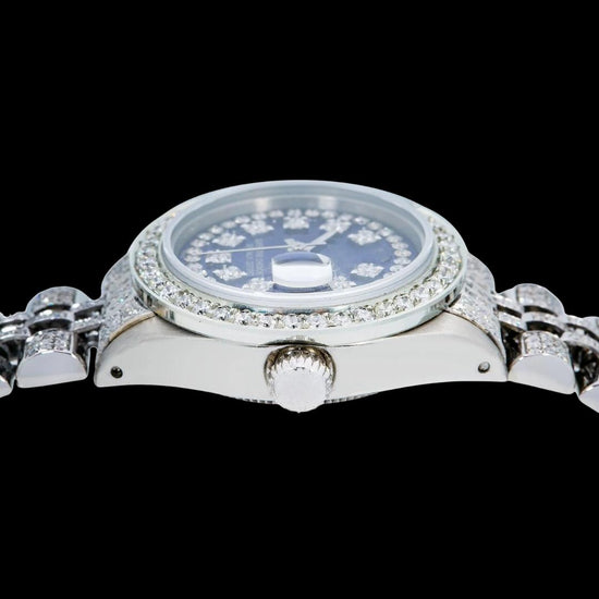 Datejust Rolex Blue Diamond Dial Fully Iced Out Jubilee Bracelet Moissanite Watch Crown View
