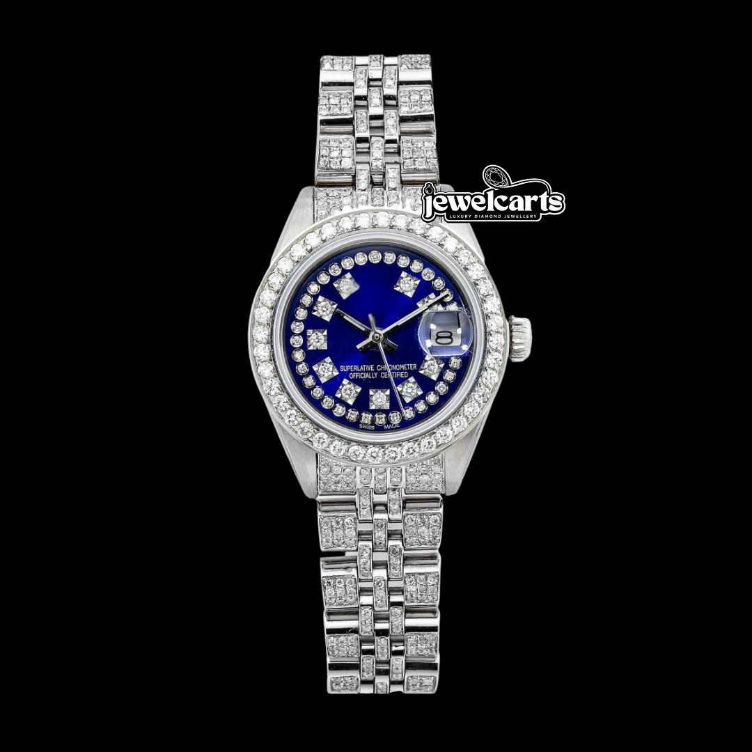 Datejust Rolex Blue Diamond Dial Fully Iced Out Jubilee Bracelet Moissanite Watch Front View