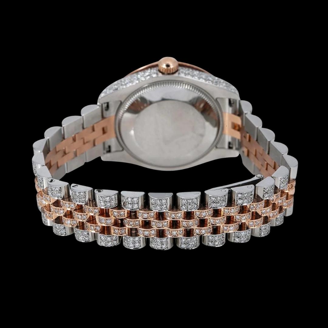 Datejust Rolex Diamond Markers Black Dial Two Tone Rose Gold Jubilee Bracelet Iced Out Moissanite Watch Caseback View