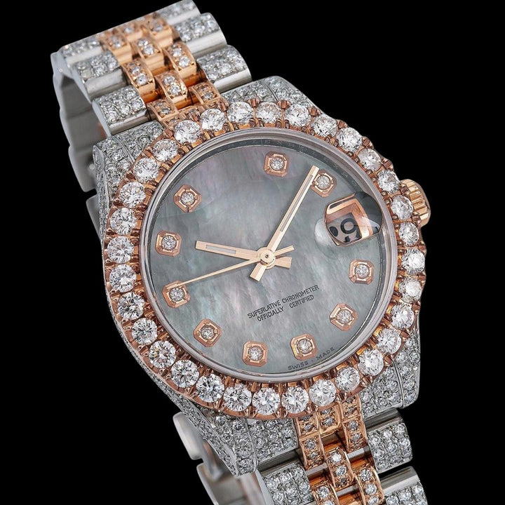 Datejust Rolex Diamond Markers Black Dial Two Tone Rose Gold Jubilee Bracelet Iced Out Moissanite Watch Close Up Dial View
