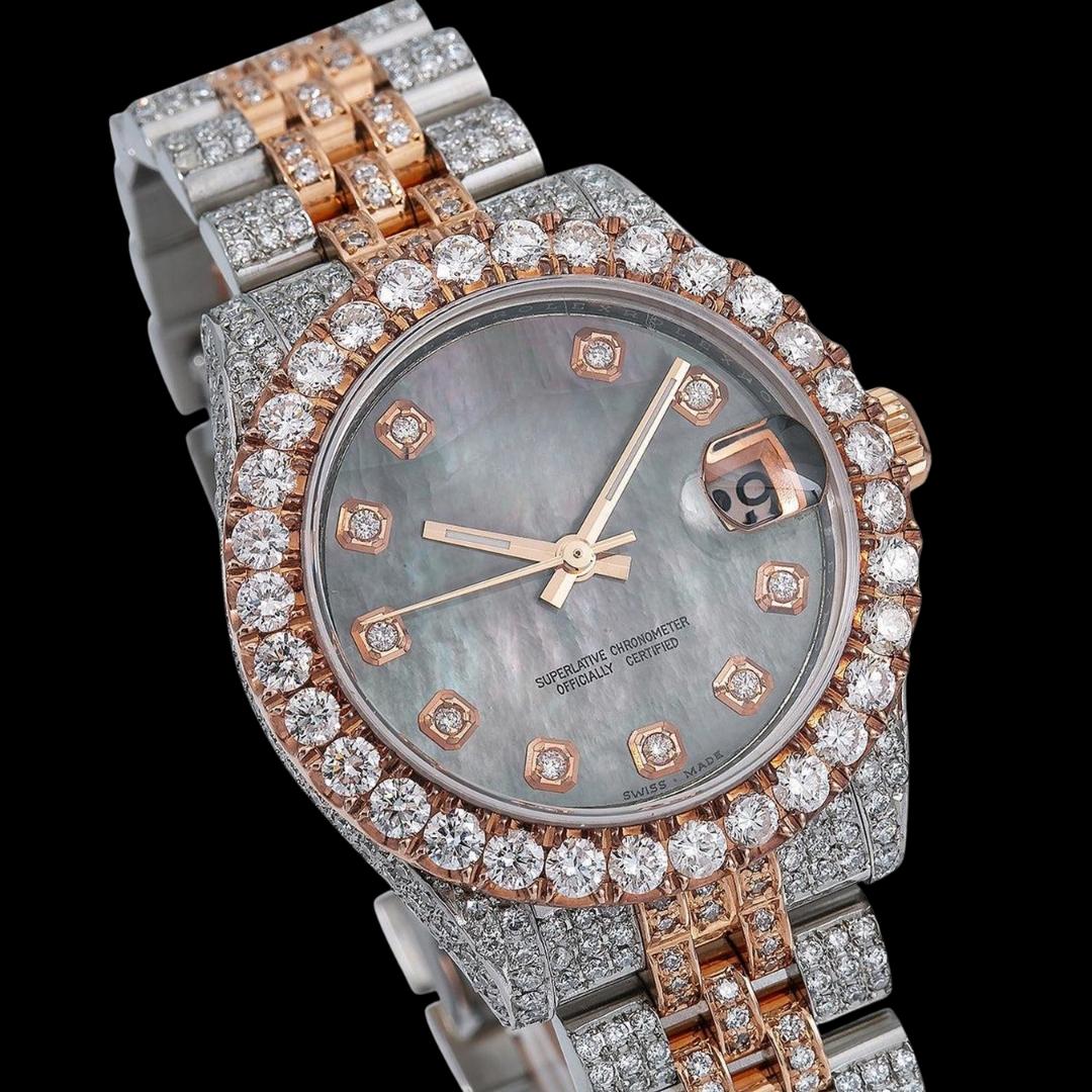 Datejust Rolex Diamond Markers Black Dial Two Tone Rose Gold Jubilee Bracelet Iced Out Moissanite Watch Close Up Dial View