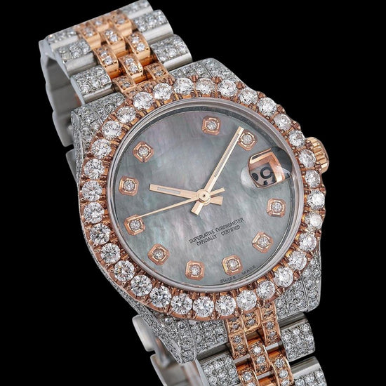 Datejust Rolex Diamond Markers Black Dial Two Tone Rose Gold Jubilee Bracelet Iced Out Moissanite Watch Close Up Dial View