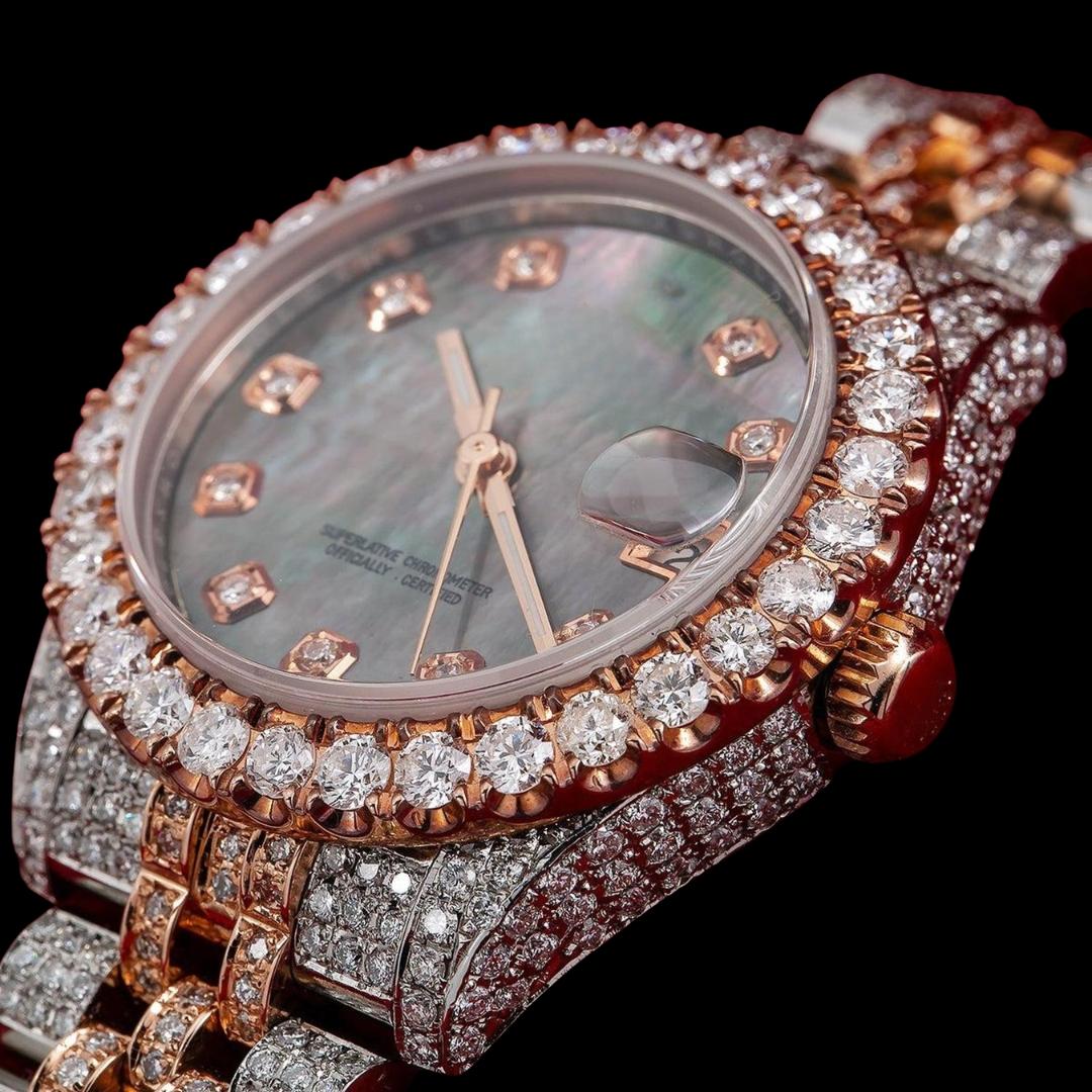 Datejust Rolex Diamond Markers Black Dial Two Tone Rose Gold Jubilee Bracelet Iced Out Moissanite Watch Close Up Diamond Markers View
