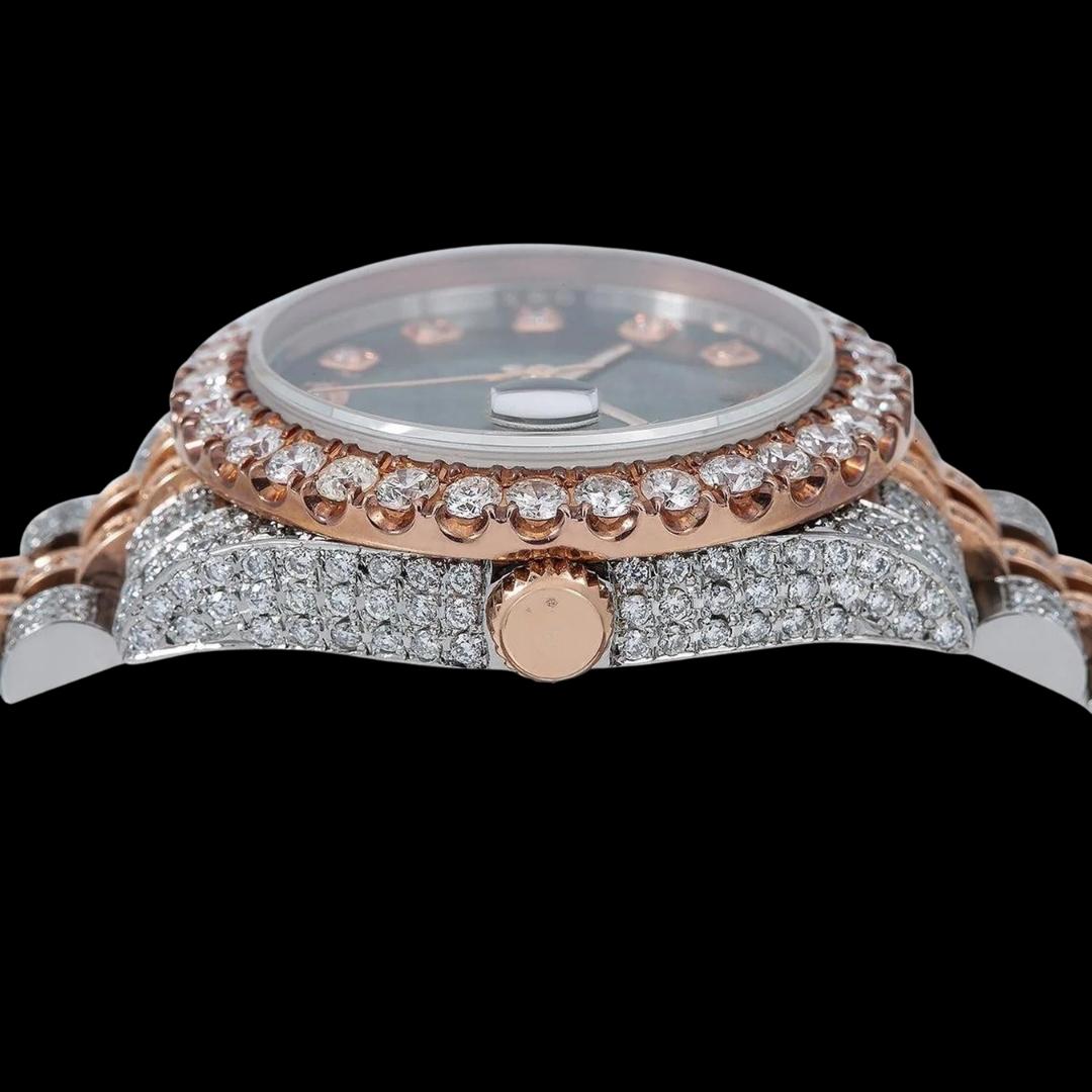 Datejust Rolex Diamond Markers Black Dial Two Tone Rose Gold Jubilee Bracelet Iced Out Moissanite Watch Crown View