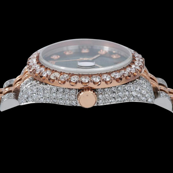 Datejust Rolex Diamond Markers Black Dial Two Tone Rose Gold Jubilee Bracelet Iced Out Moissanite Watch Crown View