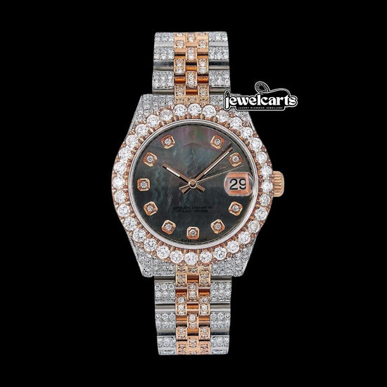 Datejust Rolex Diamond Markers Black Dial Two Tone Rose Gold Jubilee Bracelet Iced Out Moissanite Watch Front View