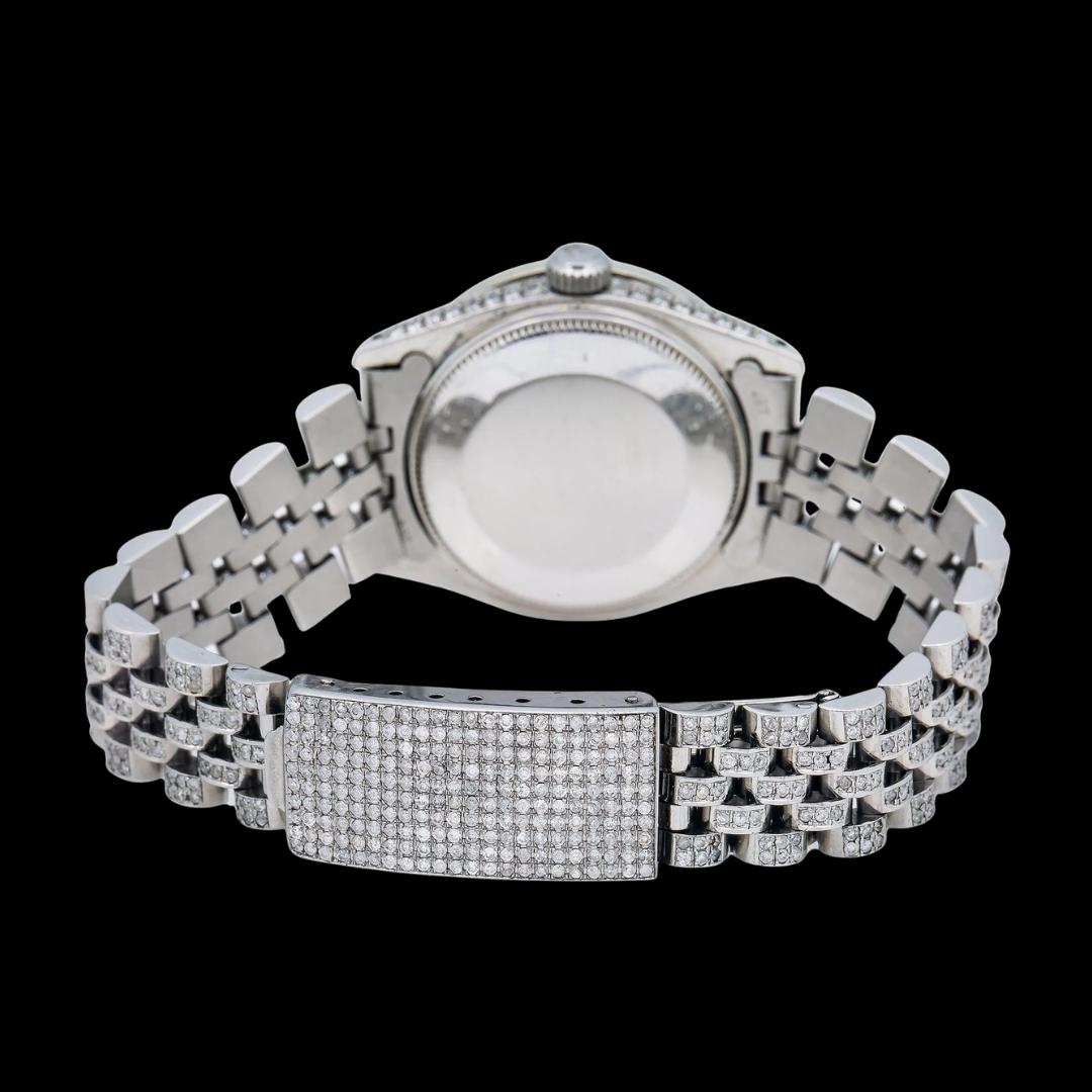 Datejust Rolex White Dial Diamond Roman Numerals Full Iced Out Jubilee Bracelet Moissanite Watch Caseback View