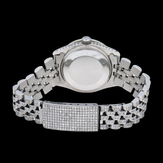 Datejust Rolex White Dial Diamond Roman Numerals Full Iced Out Jubilee Bracelet Moissanite Watch Caseback View
