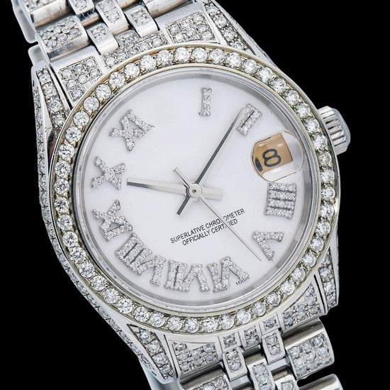 Datejust Rolex White Dial Diamond Roman Numerals Full Iced Out Jubilee Bracelet Moissanite Watch Close Up Dial View