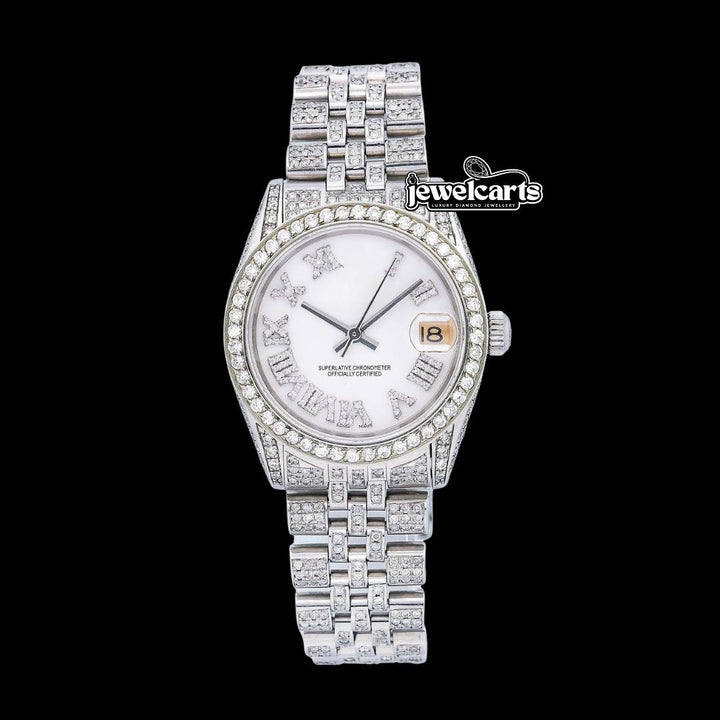 Datejust Rolex White Dial Diamond Roman Numerals Full Iced Out Jubilee Bracelet Moissanite Watch Front View