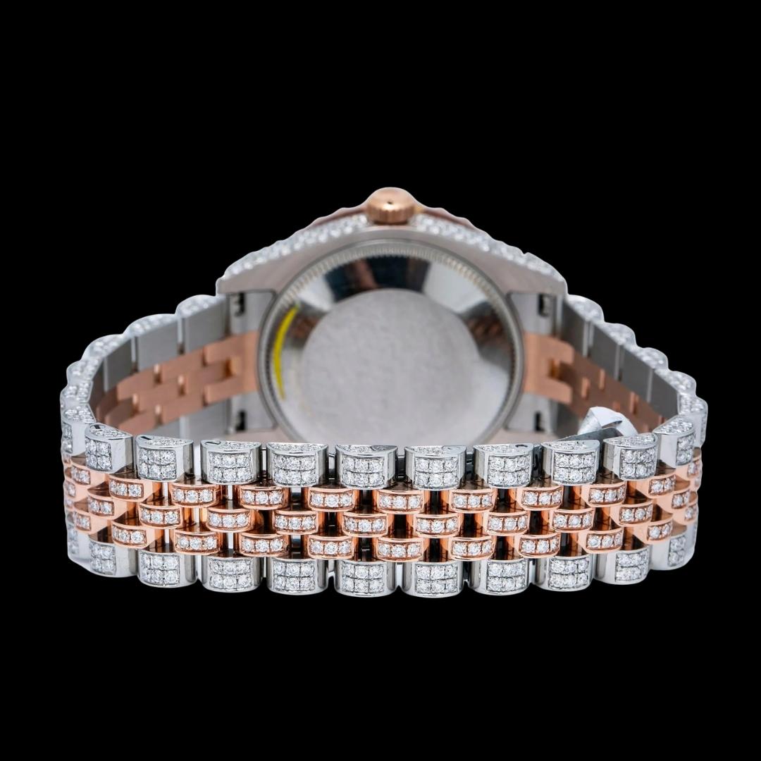 Datejust Rolex White Pearl Roman Diamond Dial Two Tone Rose Gold Jubilee Bracelet Iced Out Moissanite Watch Caseback View