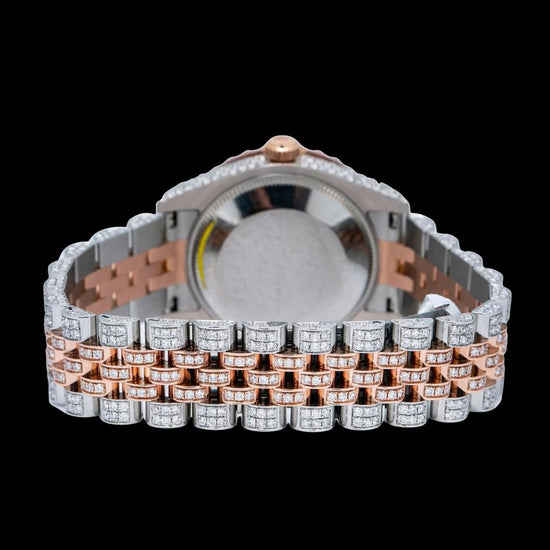 Datejust Rolex White Pearl Roman Diamond Dial Two Tone Rose Gold Jubilee Bracelet Iced Out Moissanite Watch Caseback View